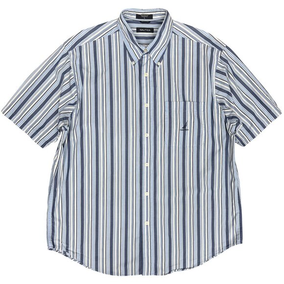 Men’s NAUTICA Striped Short Sleeve Cotton Button Dress Shirt Blue | Size Large - Picture 1 of 7